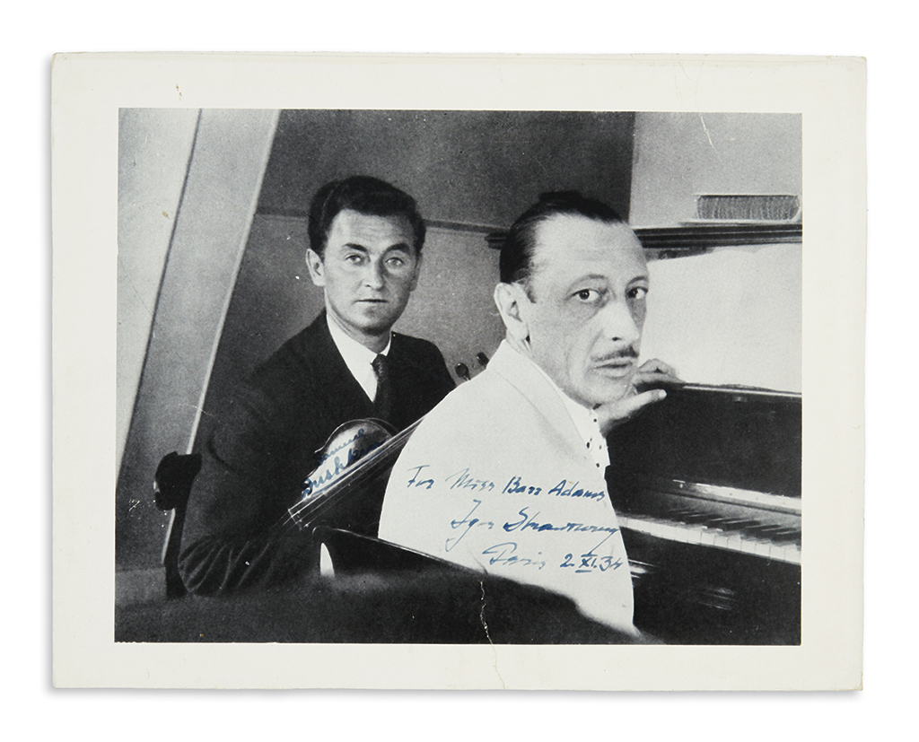 STRAVINSKY, IGOR. Photograph Signed and Inscribed, For Miss Barr[?] Adams,